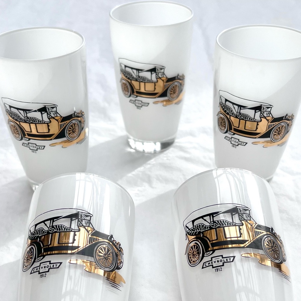 Set of 5 Vintage Cocktail Highball Glasses 1912 Chevrolet Collectible Gold Leaf